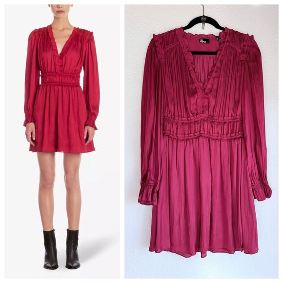 NEW The Kooples Long Sleeve Ruffle VNeck Shirred Mini Dress in Burgundy Red  Sz S - mordernwear.com